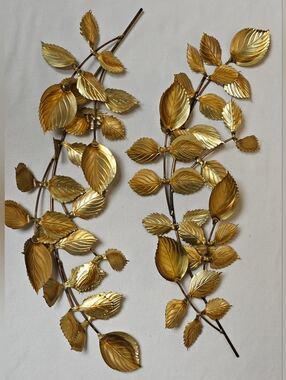MCM Metal Wall Art Gold Tone Brass Branch Leaves Hanging Swags 2 PC SET 17" Each